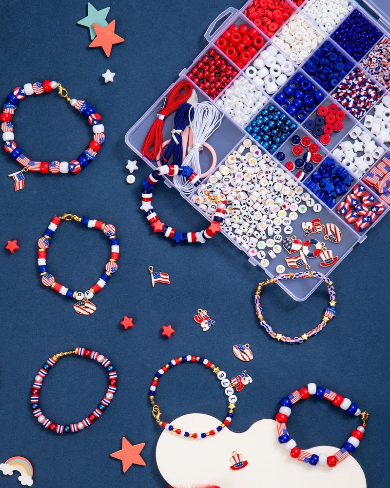Goldwise 1578Pcs 4th of July Red White Blue Beads Bracelet Making Kit with Clay Seed Plastic Pony Pearl Beads, Patriotic USA Flag Star Beads, Metal Charms Earrings for Jewelry Making - Image 4